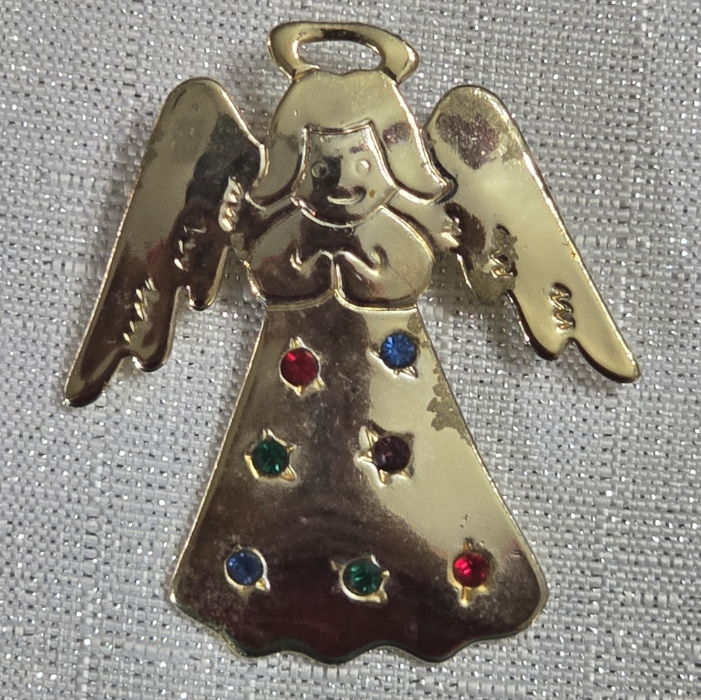 JJ Jonette Gold Tone Rhinestone Accent Holiday Angel Brooch
